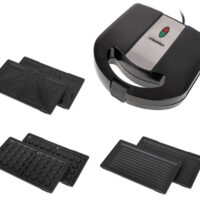 Уред за сандвичи и гофрети 3 в 1 Mesko MS-3045, 1000W, 3 сменяеми плочи, Незалепващо покритие, Черен